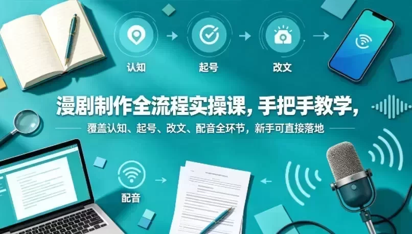 漫剧制作全流程实操课,手把手教学,覆盖认知、起号、改文、配音全环节,新手可直接落地 一张漫剧制作全流程实操课的课程封面图,涵盖认知、起号、改文、配音等环节。