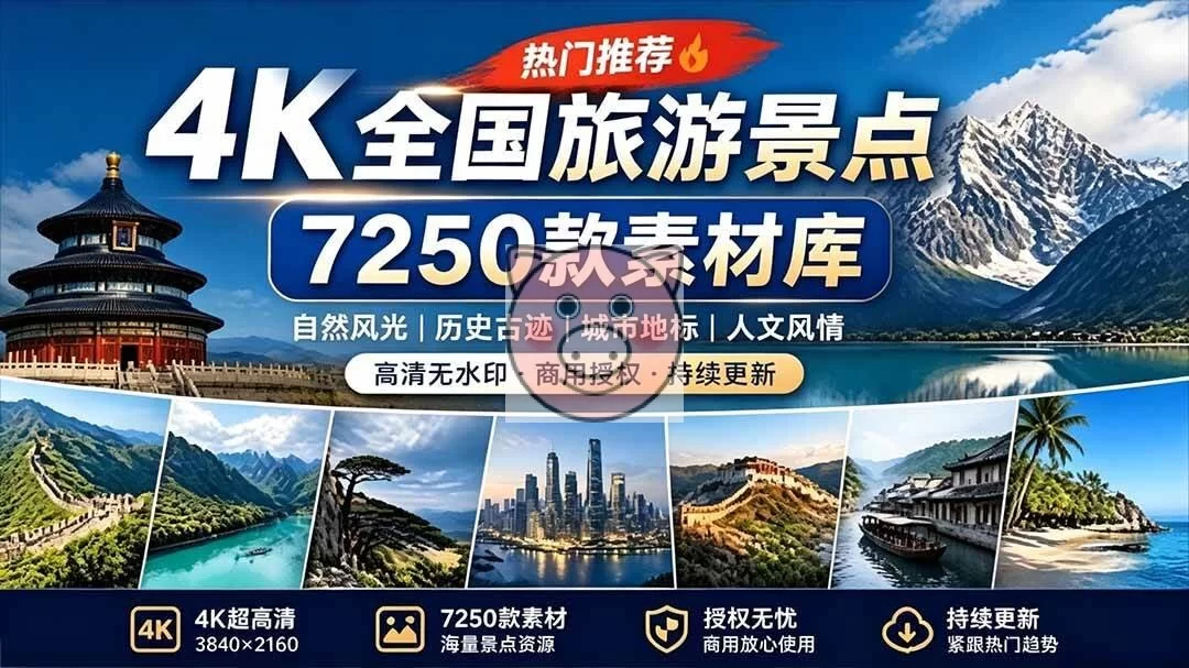 (19309期)热门全国旅游风景素材!4K全国旅游景点素材库,7250款素材,旅行达人城市航拍风景风光高清短视频-小栈博客测试网