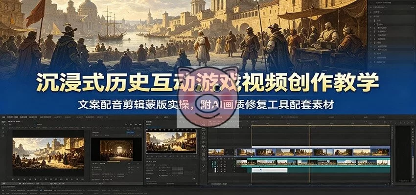 沉浸式历史互动游戏视频创作教学:文案配音剪辑蒙版实操,附AI画质修复工具配套素材-小栈博客测试网
