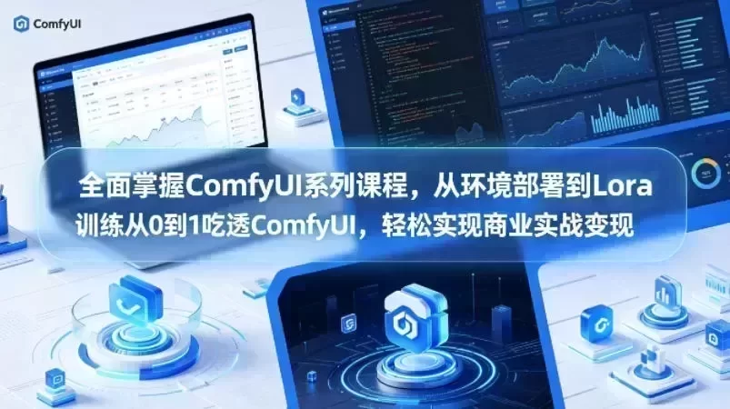 全面掌握ComfyUI系列课程,从环境部署到Lora训练从0到1吃透ComfyUI,轻松实现商业实战变现 一张ComfyUI界面的截图,展示AI工作流节点与模型训练参数设置。