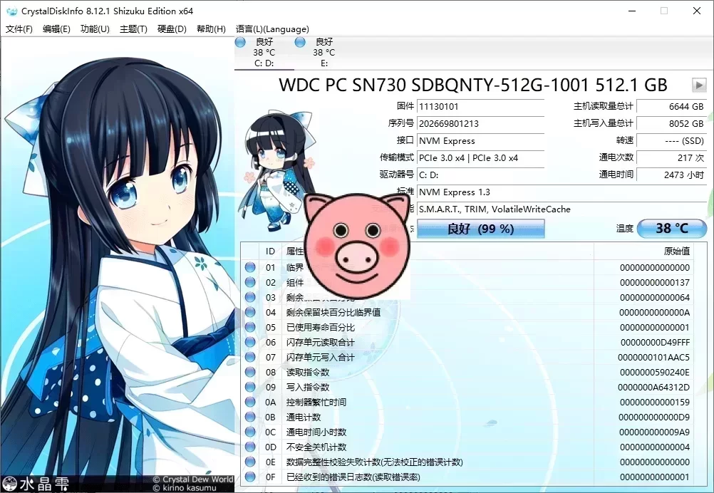 1622597467369437.png 一张硬盘检测软件界面截图,显示健康状态良好。