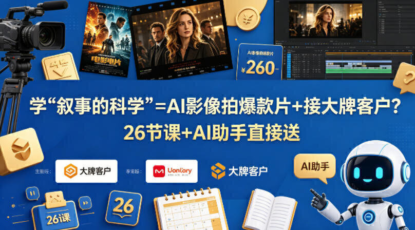 学《叙事的科学》=AI影像拍爆款片+接大牌客户?26节课+AI助手直接送【原创双语字幕】 一张展示科技与叙事结合的课程宣传海报,标题醒目,风格现代。